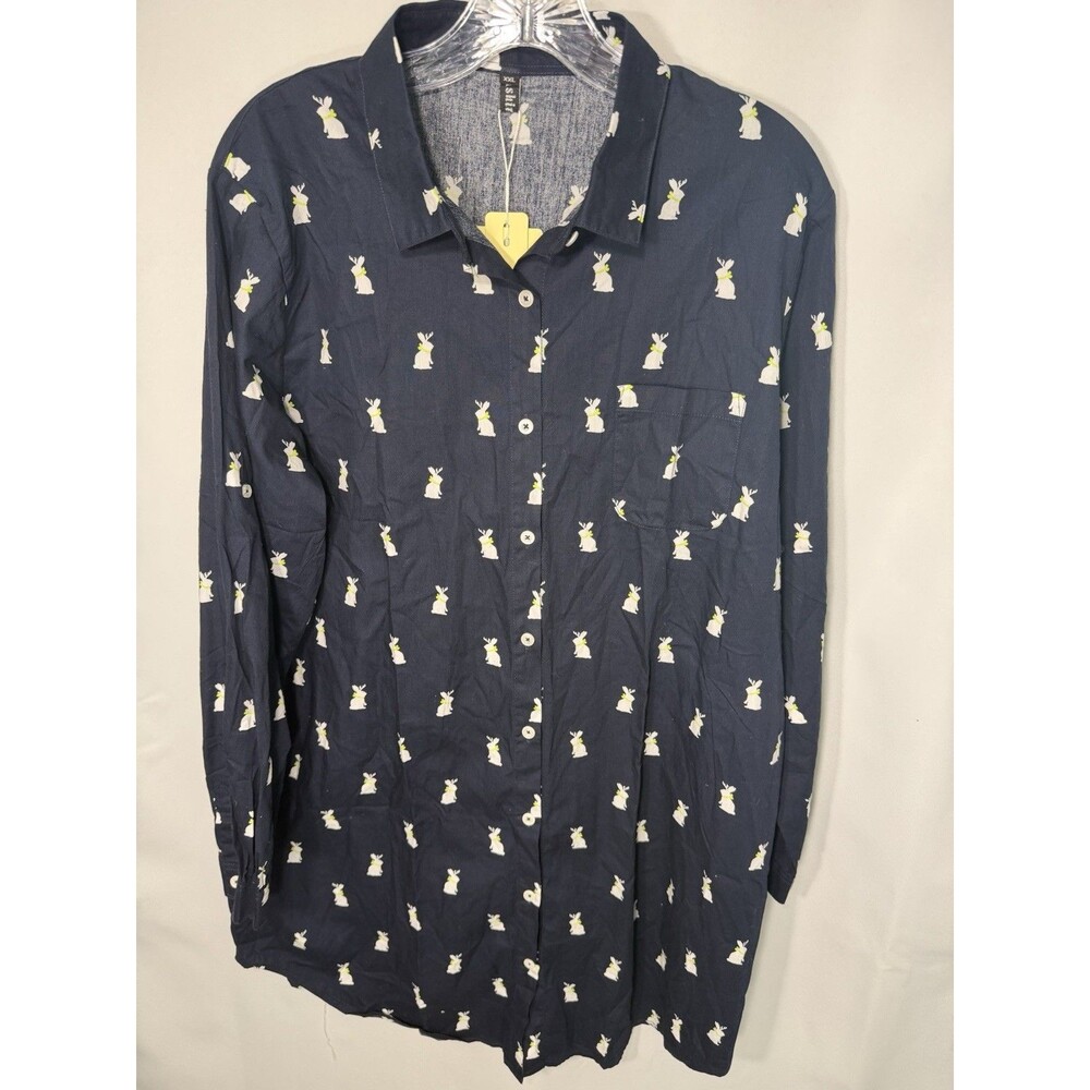 Ashir Aley XXL  Shirt Dress Dark Blue Rabbit Design Pocket Rollup Sleeve NWT